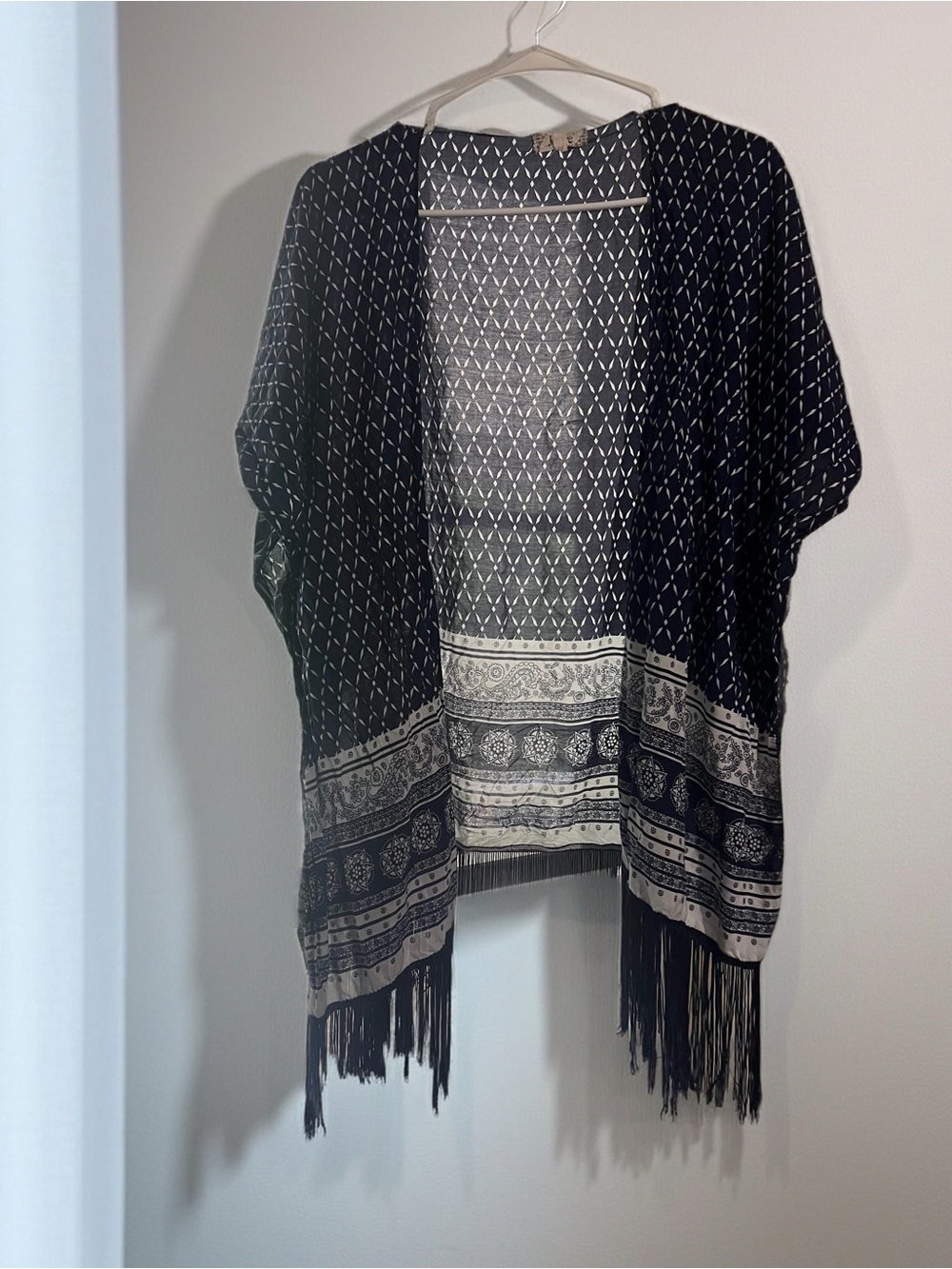 Dark Blue & Cream Patterned Fringe Kimono Cover-Up